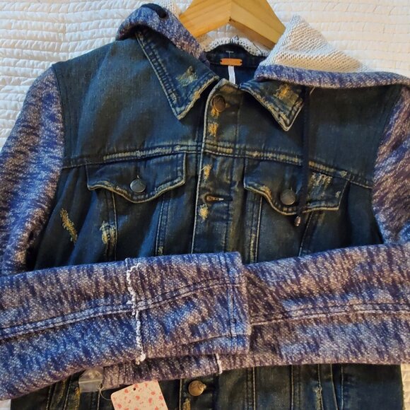 Free People Distressed Denim & Knit Jacket w/Hood - Picture 2 of 5